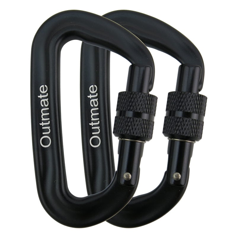 Outmate 12kN 3.2"x2" Heavy-Duty Carabiner Clips - Durable, Lightweight Aluminum Alloy Carabiners for Hiking, Camping, Keychains, Dog Leashes, Hammocks & More(Screw gate,2 Black)